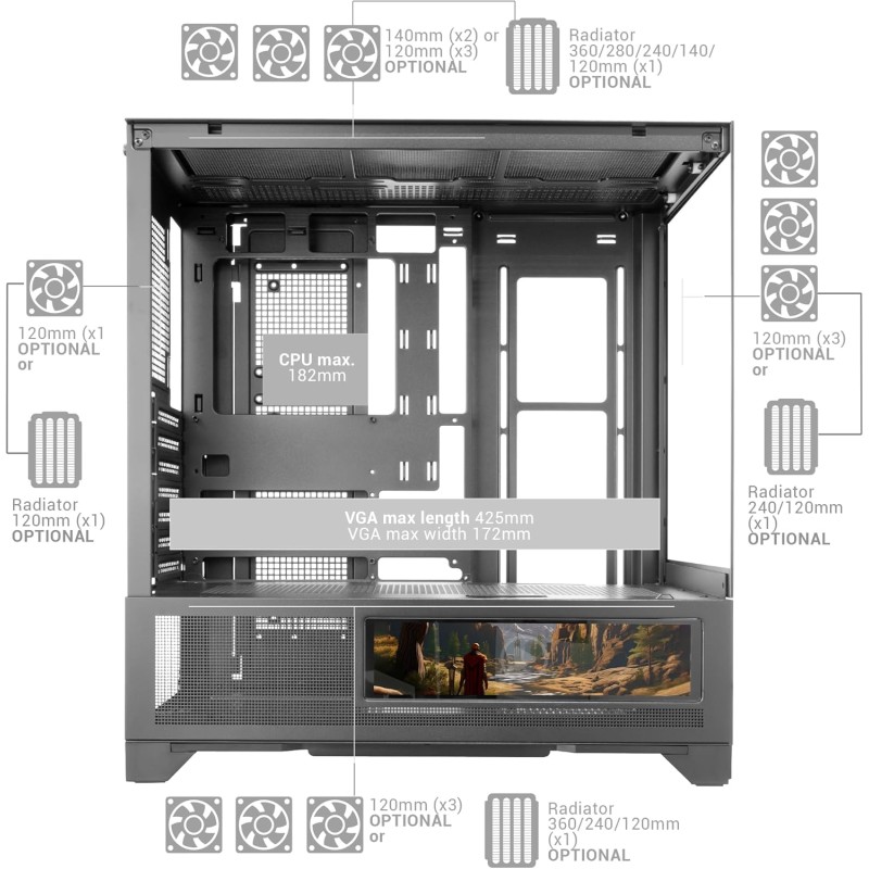 Mars Gaming MC-LCDX, Case Gaming ATX, Schermo IPS 9.16" e Connessione HDMI, Vetro Temperato Continuo, Pannello Inferiore Full Mesh, Doppia Camera, Supporto Raffreddamento Liquido fino a 360mm, Nero Mars Gaming MC-LCDX, Case Gaming ATX, Schermo IPS 9.16" e Connessione HDMI, Vetro Temperato Continuo, Pannello Inferiore Full Mesh, Doppia Camera, Supporto Raffreddamento Liquido fino a 360mm, Nero