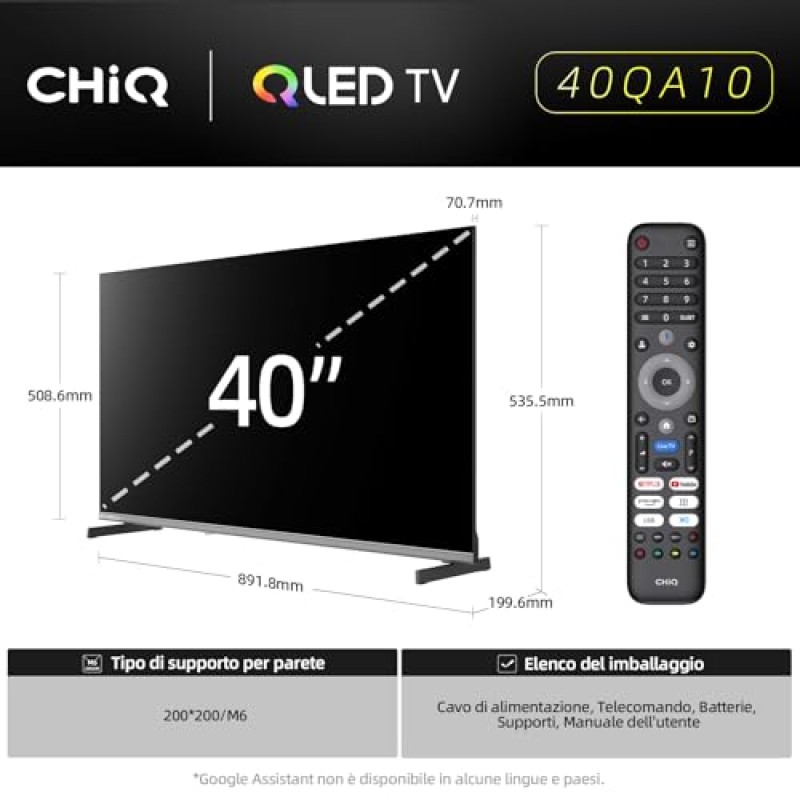 CHiQ 40QA10 QLED 40 Pollici Full HD HDR10|Audio Dolby|Chromecast Integrato|Triplo Tuner (DVB-C/T/T2/S/S2) | Nuovo Modello 2025 - 40''