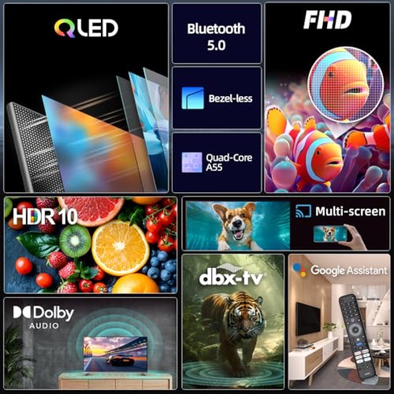 CHiQ 40QA10 QLED 40 Pollici Full HD HDR10|Audio Dolby|Chromecast Integrato|Triplo Tuner (DVB-C/T/T2/S/S2) | Nuovo Modello 2025 - 40''