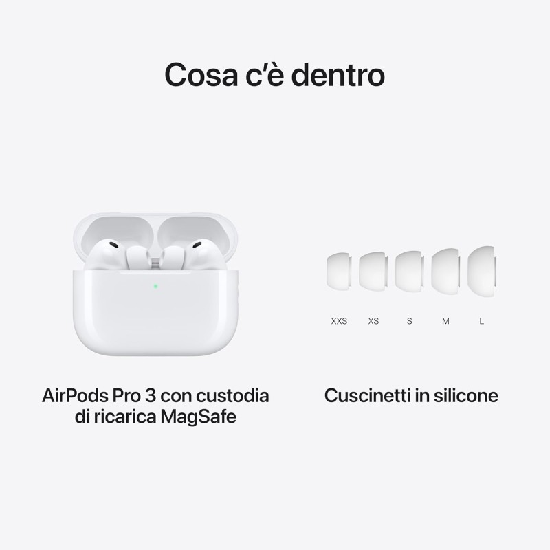 Apple AirPods Pro 3, Cancellazione attiva del rumore, Rilevamento della frequenza cardiaca, Cuffie Bluetooth, Audio spaziale, Suono ad alta fedeltà, Ricarica USB-C Apple AirPods Pro 3, Cancellazione attiva del rumore, Rilevamento della frequenza cardiaca, Cuffie Bluetooth, Audio spaziale, Suono ad alta fedeltà, Ricarica USB-C