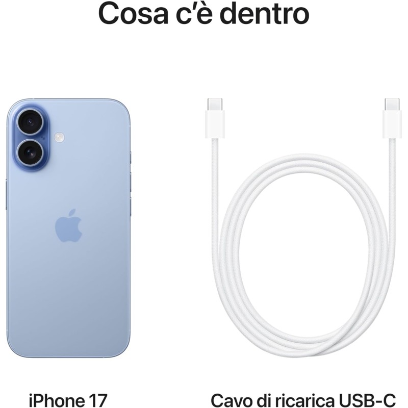 Apple iPhone 17 256 GB: display 6,3" con ProMotion, chip A19, fotocamera frontale Center Stage per selfie di gruppo più facili, più resistenza ai graffi, un giorno intero di batteria; Azzurro nebbia - 256 GB Azzurro nebbia Apple iPhone 17 256 GB: display 6,3" con ProMotion, chip A19, fotocamera frontale Center Stage per selfie di gruppo più facili, più resistenza ai graffi, un giorno intero di batteria; Azzurro nebbia - 256 GB Azzurro nebbia