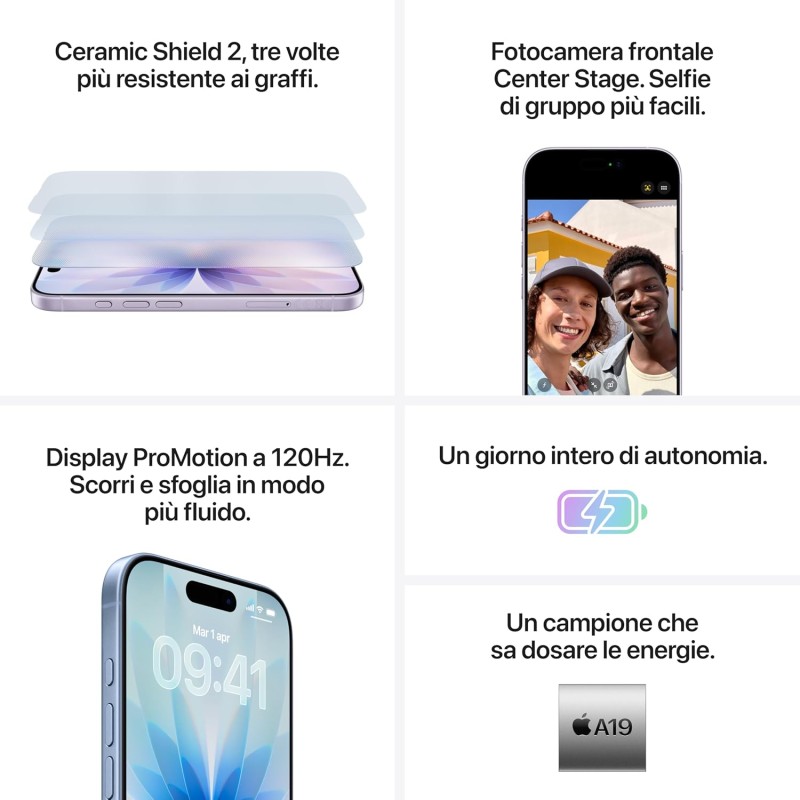 Apple iPhone 17 256 GB: display 6,3" con ProMotion, chip A19, fotocamera frontale Center Stage per selfie di gruppo più facili, più resistenza ai graffi, un giorno intero di batteria; Azzurro nebbia - 256 GB Azzurro nebbia Apple iPhone 17 256 GB: display 6,3" con ProMotion, chip A19, fotocamera frontale Center Stage per selfie di gruppo più facili, più resistenza ai graffi, un giorno intero di batteria; Azzurro nebbia - 256 GB Azzurro nebbia