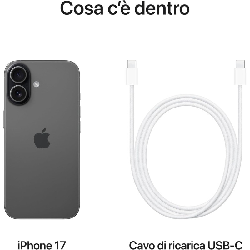 Apple iPhone 17 256 GB: display 6,3" con ProMotion, chip A19, fotocamera frontale Center Stage per selfie di gruppo più facili, più resistenza ai graffi, un giorno intero di batteria; Nero - 256 GB Nero Apple iPhone 17 256 GB: display 6,3" con ProMotion, chip A19, fotocamera frontale Center Stage per selfie di gruppo più facili, più resistenza ai graffi, un giorno intero di batteria; Nero - 256 GB Nero