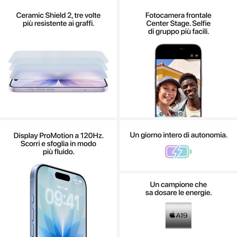 Apple iPhone 17 256 GB: display 6,3" con ProMotion, chip A19, fotocamera frontale Center Stage per selfie di gruppo più facili, più resistenza ai graffi, un giorno intero di batteria; Nero - 256 GB Nero Apple iPhone 17 256 GB: display 6,3" con ProMotion, chip A19, fotocamera frontale Center Stage per selfie di gruppo più facili, più resistenza ai graffi, un giorno intero di batteria; Nero - 256 GB Nero