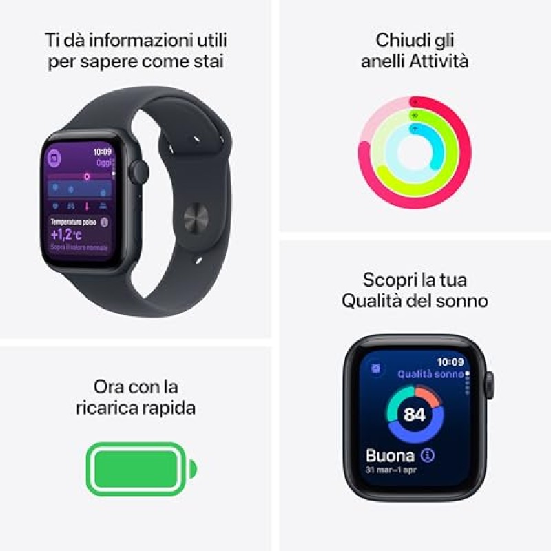 Apple Watch SE 3 GPS, Cassa 44 mm in alluminio mezzanotte con Cinturino Sport mezzanotte - M/L - cassa 44 mm Mezzanotte
