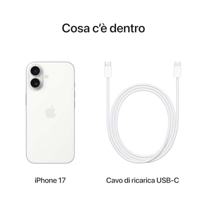 Apple iPhone 17 256 GB: display 6,3" con ProMotion, chip A19, fotocamera frontale Center Stage per selfie di gruppo più facili, più resistenza ai graffi, un giorno intero di batteria; Bianco - 256 GB Bianco