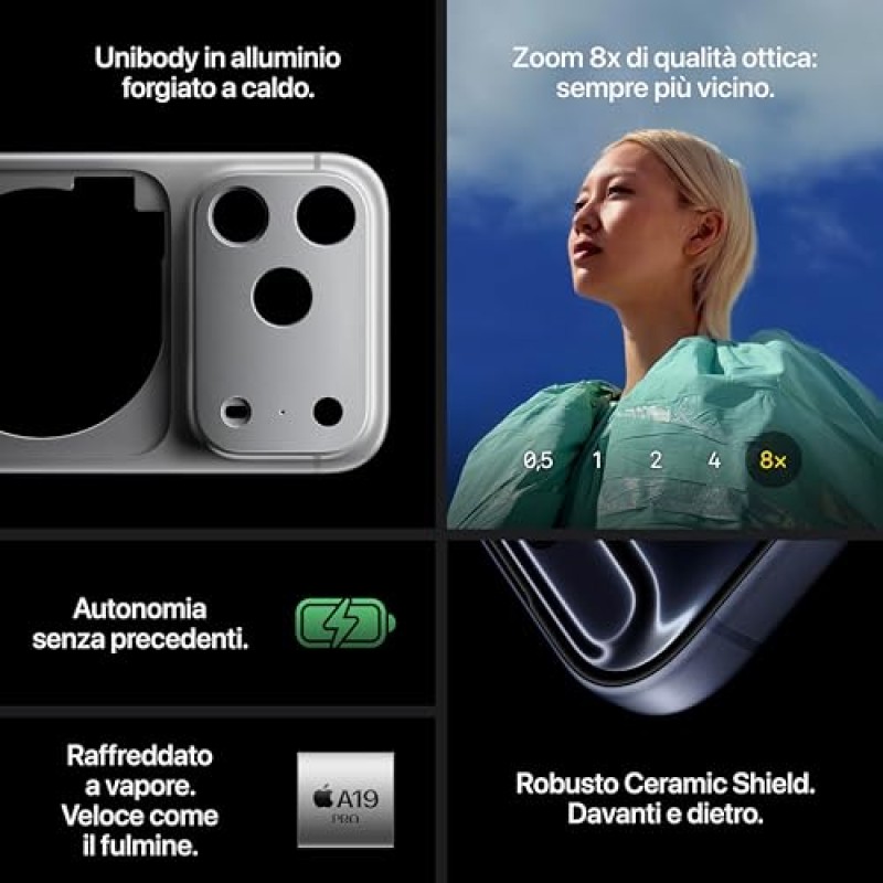 Apple iPhone 17 Pro 256 GB: display 6,3", ProMotion fino a 120Hz, chip A19 Pro, autonomia senza precedenti, sistema di fotocamere Pro Fusion con fotocamera frontale Center Stage; Argento - 256 GB Argento