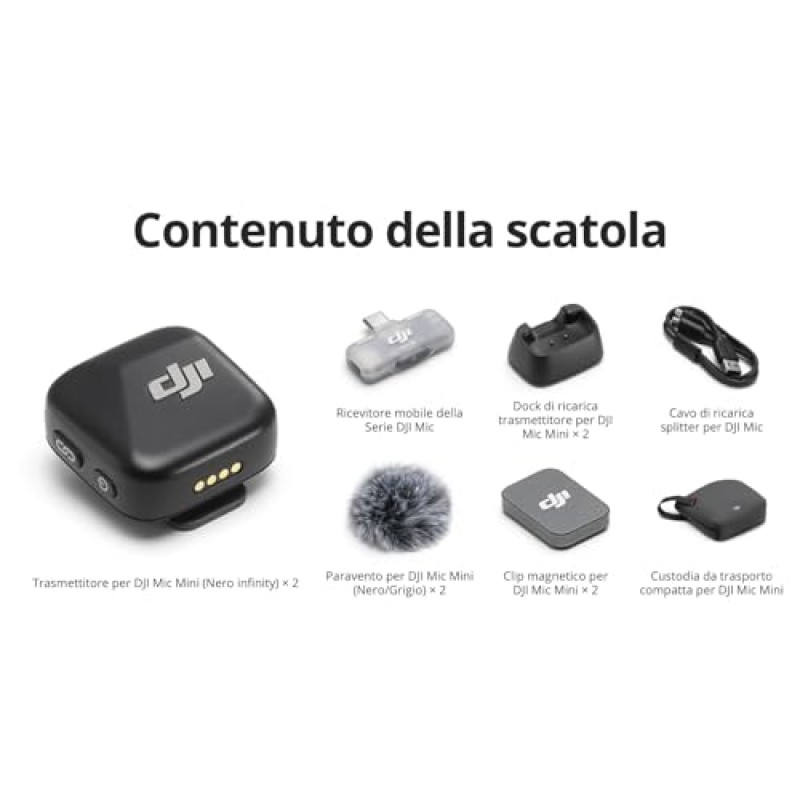 DJI Mic Mini (2 TX + 1 RX mobile), microfono lavalier wireless per iPhone 17/16/15 e Android/PC/tablet, plug-and-play, trasmissione fino a 300 m, ultraleggero, cancellazione attiva del rumore, vlog