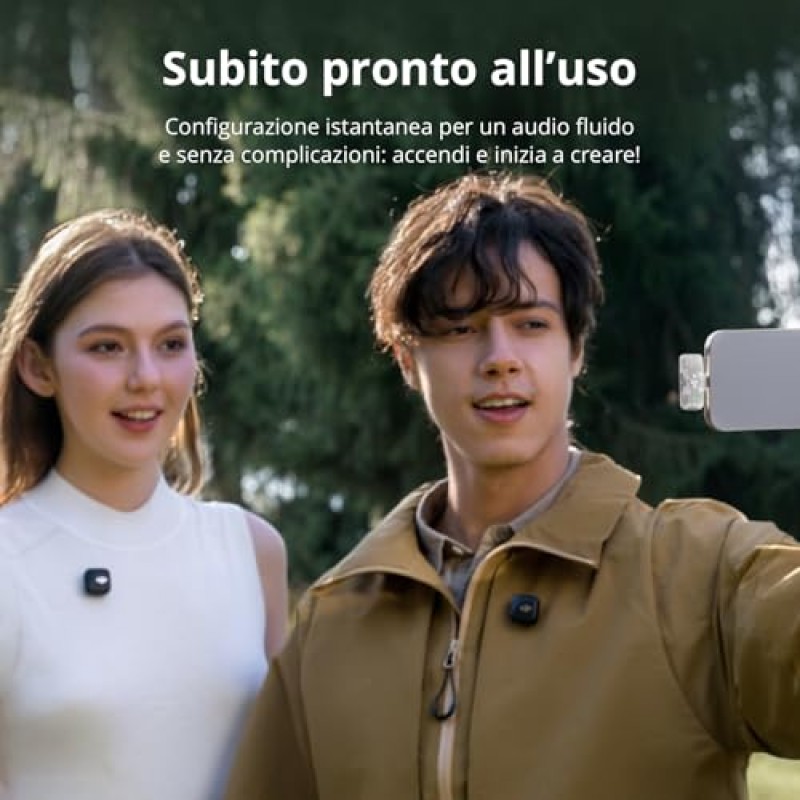 DJI Mic Mini (2 TX + 1 RX mobile), microfono lavalier wireless per iPhone 17/16/15 e Android/PC/tablet, plug-and-play, trasmissione fino a 300 m, ultraleggero, cancellazione attiva del rumore, vlog