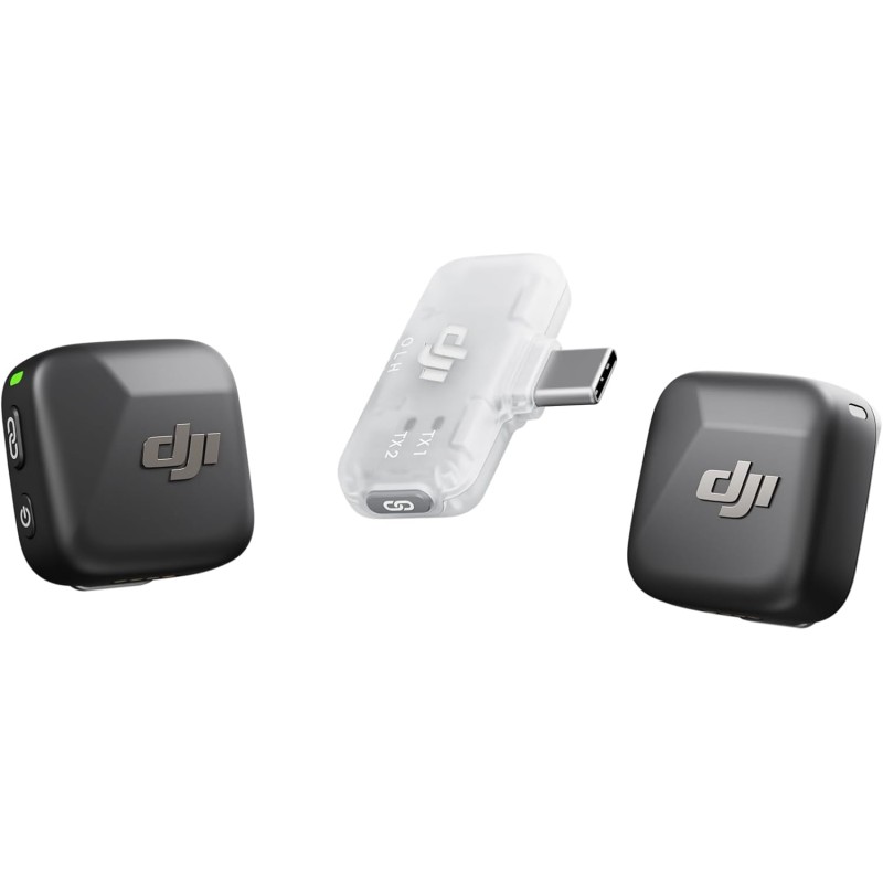 DJI Mic Mini (2 TX + 1 RX mobile), microfono lavalier wireless per iPhone 17/16/15 e Android/PC/tablet, plug-and-play, trasmissione fino a 300 m, ultraleggero, cancellazione attiva del rumore, vlog