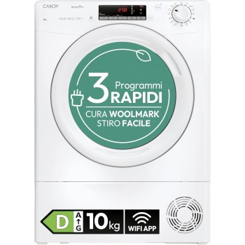 Candy Smart Pro Asciugatrice a Pompa di Calore 10 Kg, Classe D, Bianca | Woolmark, Wi-Fi, App hOn, Bluetooth, Snap&Dry, Water Tank, AxLxP 85x59.6x58.5 cm, CRO EH10N2TE-S - 10 Kg