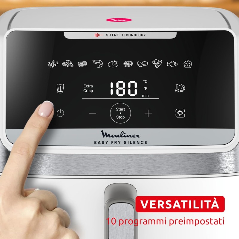 Moulinex Easy Fry Silence 7L, Friggitrice ad Aria Silenziosa XXL, Fino a 8 Persone, 10 Modalità, con Sistema Genius e Griglia di Cottura Regolabile, Colore Bianco, EZ8421 Moulinex Easy Fry Silence 7L, Friggitrice ad Aria Silenziosa XXL, Fino a 8 Persone, 10 Modalità, con Sistema Genius e Griglia di Cottura Regolabile, Colore Bianco, EZ8421