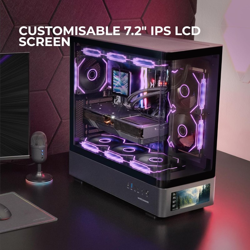 Mars Gaming MC-LCDPRO Case Gaming ATX Schermo LCD IPS 7.2" Personalizzabile Vetro Temperato Curvo Frontale e Laterale Struttura a Doppia Camera Supporto Raffreddamento a Liquido fino a 360mm Nero Mars Gaming MC-LCDPRO Case Gaming ATX Schermo LCD IPS 7.2" Personalizzabile Vetro Temperato Curvo Frontale e Laterale Struttura a Doppia Camera Supporto Raffreddamento a Liquido fino a 360mm Nero