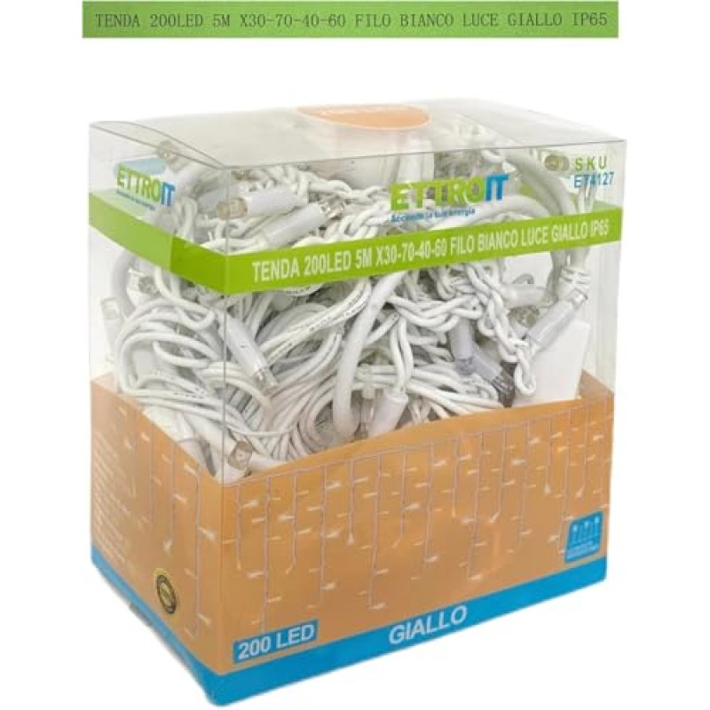 Elektronova Tenda Luminosa 200 LED, 5Mt, Luce Giallo, Cavo Bianco, IP65, Prolungabile, Effetto Flash, Con fili pendenti a lunghezze alternate (30–70–40–60 cm) per effetto a cascata