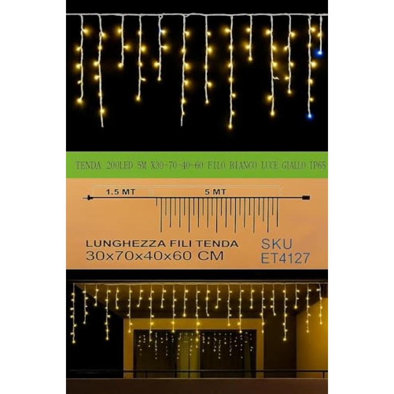 Elektronova Tenda Luminosa 200 LED, 5Mt, Luce Giallo, Cavo Bianco, IP65, Prolungabile, Effetto Flash, Con fili pendenti a lunghezze alternate (30–70–40–60 cm) per effetto a cascata