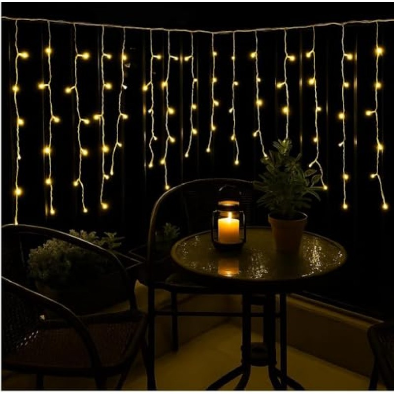 Elektronova Tenda Luminosa 200 LED, 5Mt, Luce Giallo, Cavo Bianco, IP65, Prolungabile, Effetto Flash, Con fili pendenti a lunghezze alternate (30–70–40–60 cm) per effetto a cascata