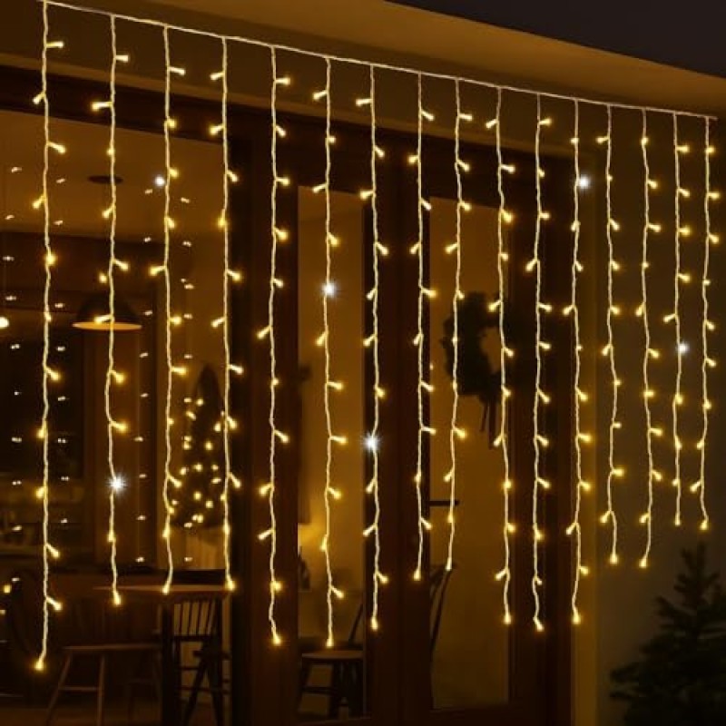 Elektronova Tenda Luminosa 200 LED, 5Mt, Luce Giallo, Cavo Bianco, IP65, Prolungabile, Effetto Flash, Con fili pendenti a lunghezze alternate (30–70–40–60 cm) per effetto a cascata