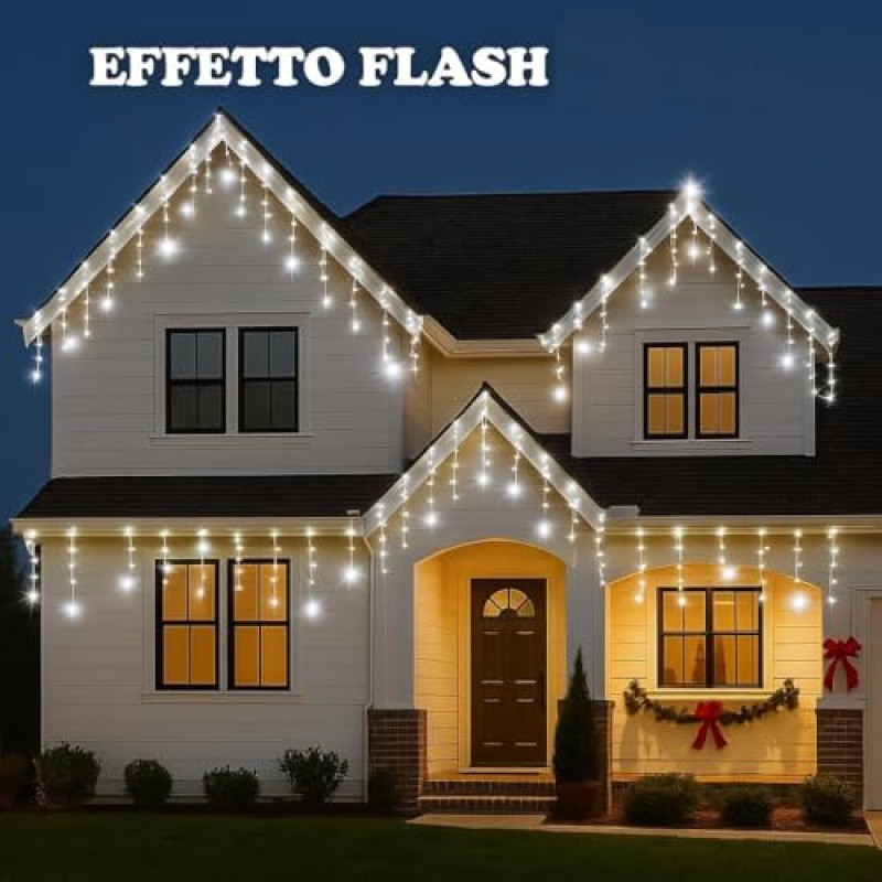 Elektronova Tenda Luminosa 200 LED, 5Mt, Luce Giallo, Cavo Bianco, IP65, Prolungabile, Effetto Flash, Con fili pendenti a lunghezze alternate (30–70–40–60 cm) per effetto a cascata