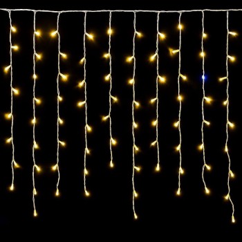 Elektronova Tenda Luminosa 200 LED, 5Mt, Luce Giallo, Cavo Bianco, IP65, Prolungabile, Effetto Flash, Con fili pendenti a lunghezze alternate (30–70–40–60 cm) per effetto a cascata