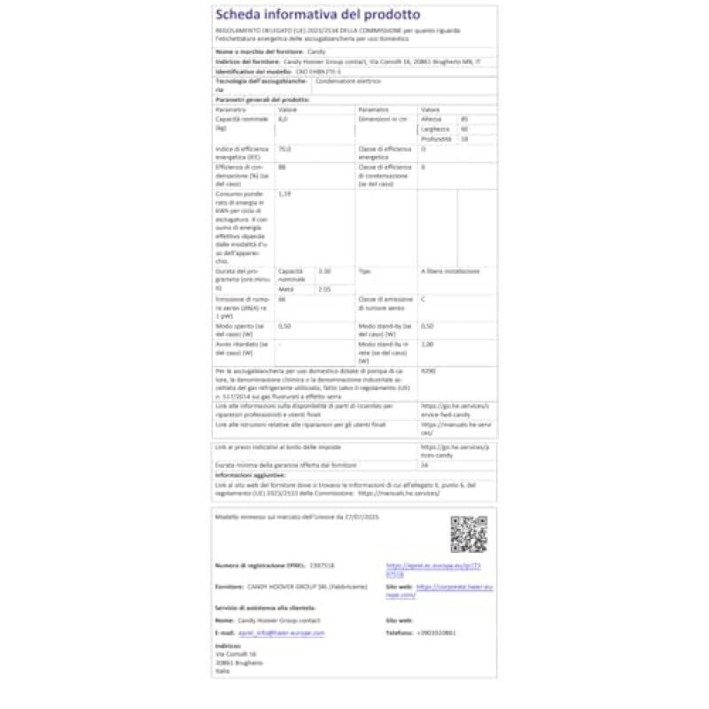 Candy Smart Pro CRO EH8N2TE-S Asciugatrice a Pompa di Calore, 8 kg, Connettività Wi-Fi + BLE, Programma Stiro Facile, Libera Installazione, 85x 60 x 58.5 cm (A x L x P cm), Bianco, Classe D - 8kg Bianco