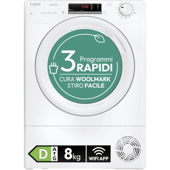 Candy Smart Pro CRO EH8N2TE-S Asciugatrice a Pompa di Calore, 8 kg, Connettività Wi-Fi + BLE, Programma Stiro Facile, Libera Installazione, 85x 60 x 58.5 cm (A x L x P cm), Bianco, Classe D - 8kg Bianco
