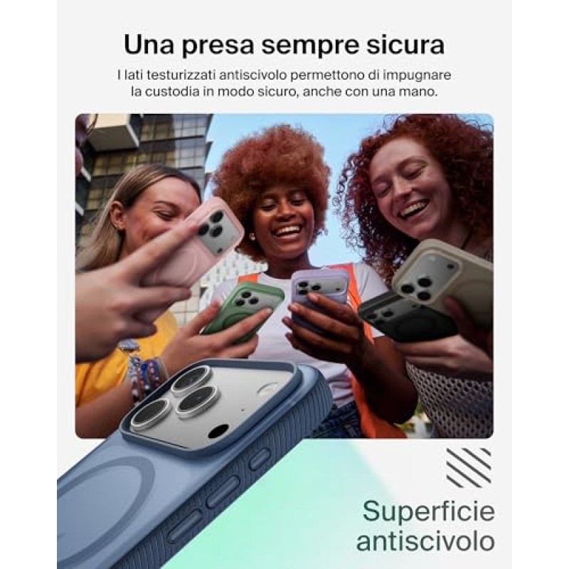 Belkin SheerForce Grip Cover per iPhone 17 Pro Compatibile con MagSafe, Design Sottile con Linee Laterali Antiscivolo, Custodia Bumper per iPhone, Magnetica, Trasparente e Anti-urto, Blu - iPhone 17 Pro Blu