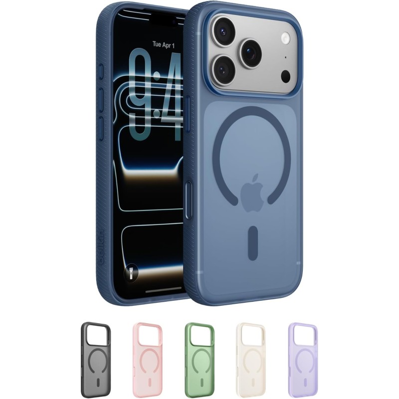 Belkin SheerForce Grip Cover per iPhone 17 Pro Compatibile con MagSafe, Design Sottile con Linee Laterali Antiscivolo, Custodia Bumper per iPhone, Magnetica, Trasparente e Anti-urto, Blu - iPhone 17 Pro Blu