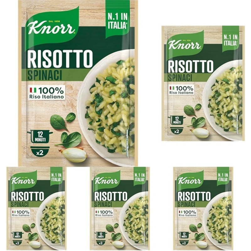 Knorr Risotto con Spinaci, Risotto Pronto con Ingredienti Naturali, 100% Riso Italiano e Chicci al Dente, Preparazione in Pentola o al Microonde, 175g, 2 Porzioni (Confezione da 5) - 175 g (Confezione da 5)