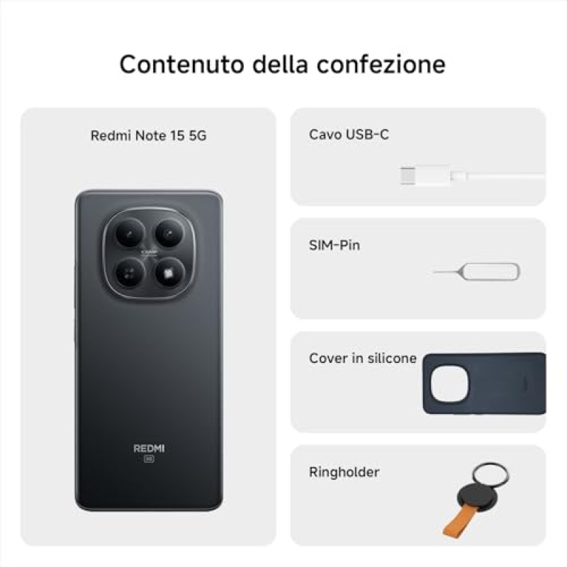 XIAOMI Redmi Note 15 5G, Smartphone 6+128GB, Design ultrasottile, Resistenza IP65, Fotocamera super nitida da 108 MP, Display FHD+ da 6,77", Nero, Garanzia 2 anni, Caricatore non incluso - 6+128GB Nero