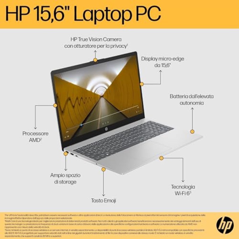 HP Laptop 15-fc0021sl, PC Portatile 15", Display FHD, Notebook, (AMD Ryzen 7 7730U, RAM 16GB, SSD 1TB, Windows 11), Computer Portatile, Uso quotidiano, Tastiera Italiana, QWERTY, Argento - Argento HP Laptop 15-fc0021sl, PC Portatile 15", Display FHD, Notebook, (AMD Ryzen 7 7730U, RAM 16GB, SSD 1TB, Windows 11), Computer Portatile, Uso quotidiano, Tastiera Italiana, QWERTY, Argento - Argento