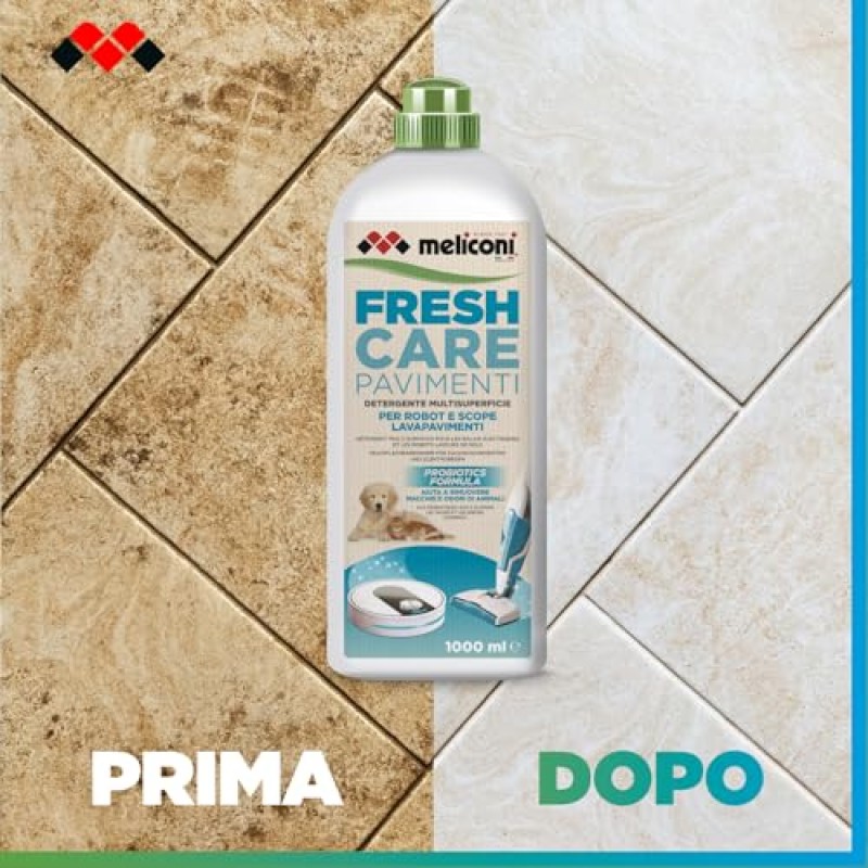 Meliconi FRESH CARE, Detergente Lavapavimenti Naturale ed Ecologico per Robot e Scope Elettriche, Formula Probiotica Anti-Odore per Cani e Gatti, Efficace su Tutte le Superfici Meliconi FRESH CARE, Detergente Lavapavimenti Naturale ed Ecologico per Robot e Scope Elettriche, Formula Probiotica Anti-Odore per Cani e Gatti, Efficace su Tutte le Superfici