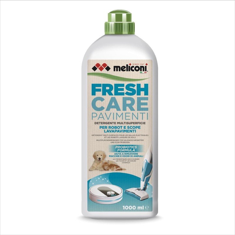 Meliconi FRESH CARE, Detergente Lavapavimenti Naturale ed Ecologico per Robot e Scope Elettriche, Formula Probiotica Anti-Odore per Cani e Gatti, Efficace su Tutte le Superfici Meliconi FRESH CARE, Detergente Lavapavimenti Naturale ed Ecologico per Robot e Scope Elettriche, Formula Probiotica Anti-Odore per Cani e Gatti, Efficace su Tutte le Superfici