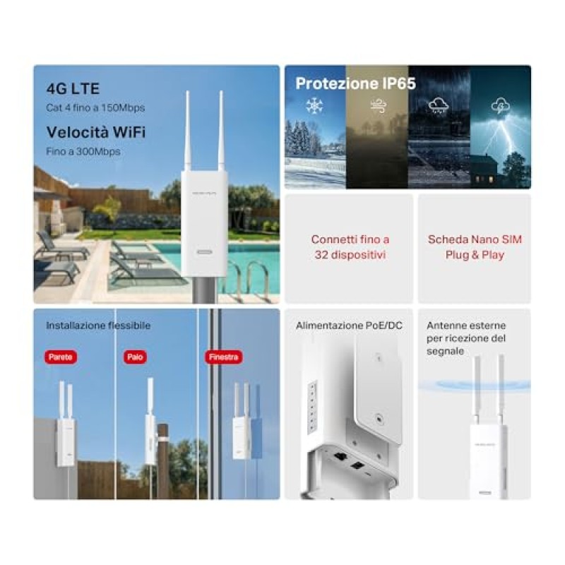 MERCUSYS MB118-4G Router WiFi con Sim da Esterno, 4G CAT4 LTE N300Mbps, 2 Antenne LTE Rimovibili, Porta LAN, Alimentazione PoE/DC, Montaggio su Palo, Parete e Finestra, SMS, APP, Plug&Play, IP65