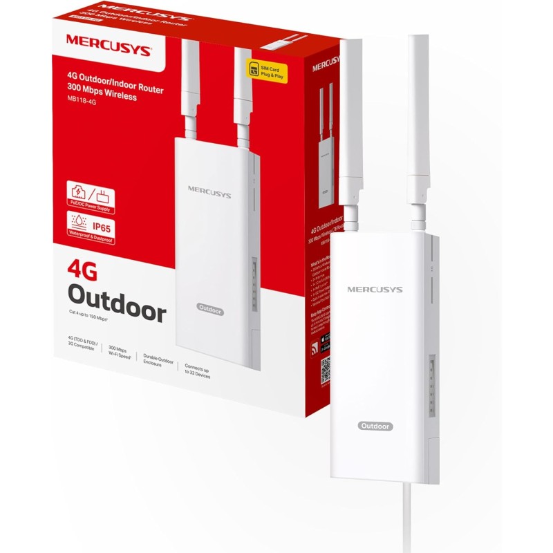 MERCUSYS MB118-4G Router WiFi con Sim da Esterno, 4G CAT4 LTE N300Mbps, 2 Antenne LTE Rimovibili, Porta LAN, Alimentazione PoE/DC, Montaggio su Palo, Parete e Finestra, SMS, APP, Plug&Play, IP65