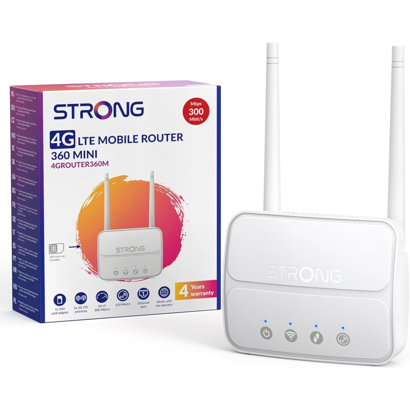 Strong Router WiFi N300 Mbps con SIM, Router 4G Cat4 LTE, Porta LAN 100 Mbps, Antenne Staccabili, Plug and Play, Supporta fino a 32 Dispositivi, USB 3.0, Rete Sicura (4GROUTER360M)