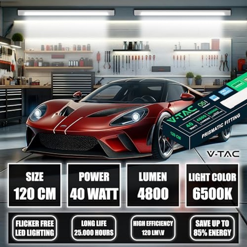 V-TAC 2x Plafoniera LED Lineare da Soffitto 120 CM - 40W - Chip Samsung - Lampada Rettangolare 4800 Lumen - IP20 per Parete, Garage, Negozio, Magazzino - Plafoniere Tubo - Luce Bianca Fredda 6500K - Bianco Freddo