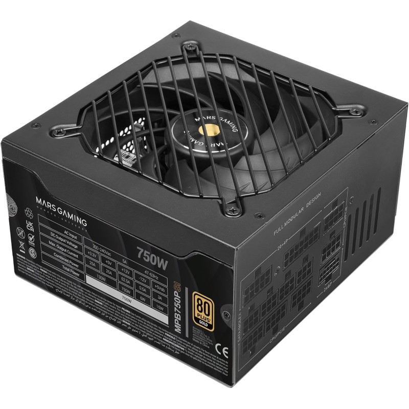 Mars Gaming MPB750PSI, Alimentatore PC Full Modular 750W, 10 Anni di Garanzia, 80Plus Gold 90%, Ventola SI Extreme Silence, Tecnologie AI2-RPM, DC-DC e SMD, ATX 3.1 e PCIe 5.1 Nero