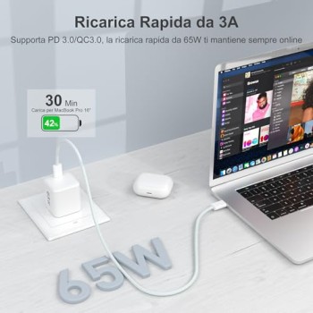 YISH 65W Caricatore USB C Rapido - GaN PD3.0 Caricabatterie USB C Alimentatore Presa Compatibile con iPhone 17 16 15 Galaxy S26 S25 MacBook Carica Batterie Cellulare Tipo C Spina, con 60W Cavo C 1M