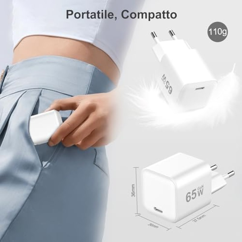 YISH 65W Caricatore USB C Rapido - GaN PD3.0 Caricabatterie USB C Alimentatore Presa Compatibile con iPhone 17 16 15 Galaxy S26 S25 MacBook Carica Batterie Cellulare Tipo C Spina, con 60W Cavo C 1M